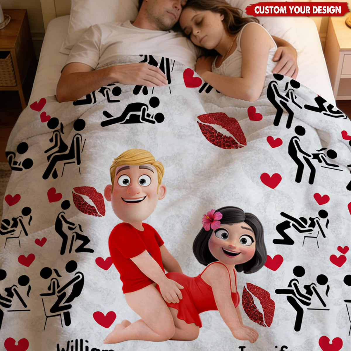 I Love You Personalized Fleece Blanket with Cute Couple Illustration, Lips and Hearts - Funny Sweet Gift for Partners