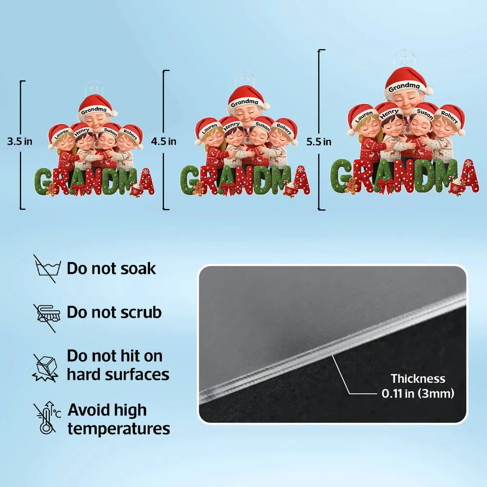 Grandma & Grandkids Acrylic Ornament, Santa Hats Hugging Design, Christmas Tree Decor, a unique gift for Grandma