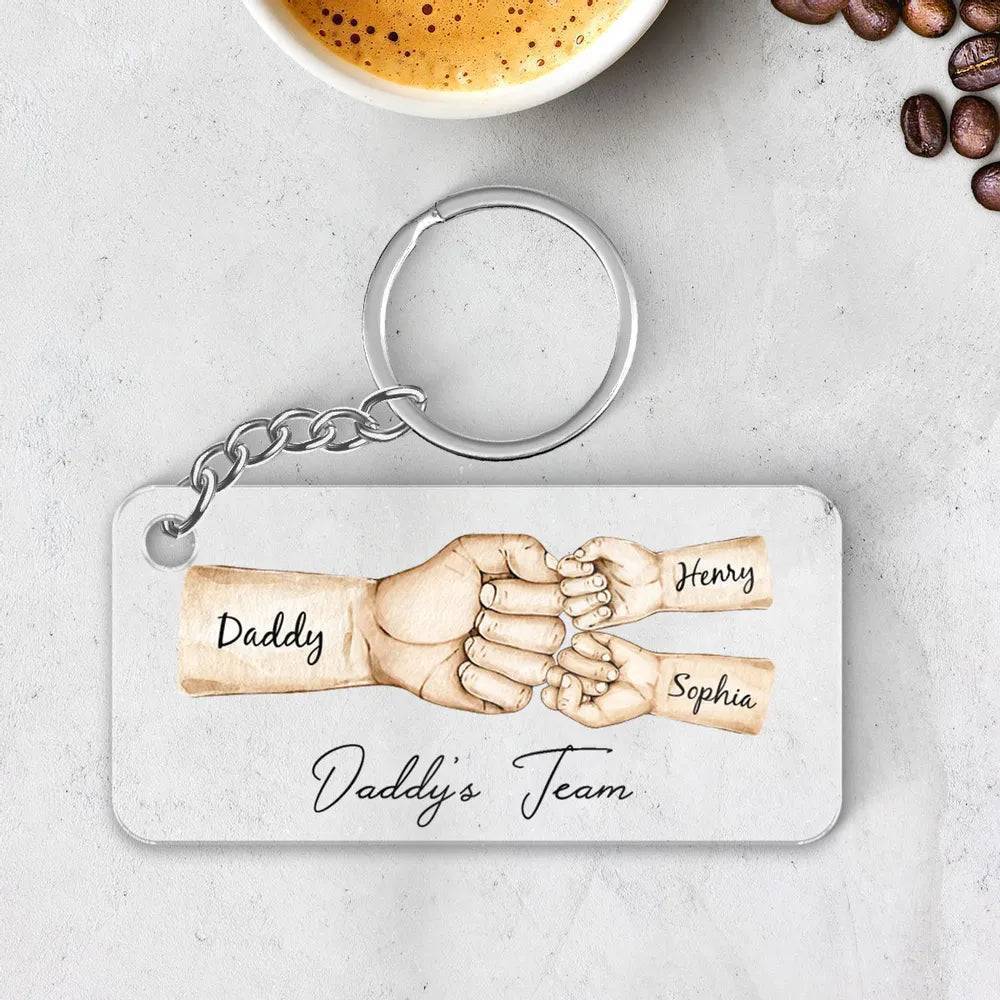 “Daddy's Dream Team” - Personalized Fist Bump Acrylic Or Wooden Keychain- Ideal Father's Day Gift