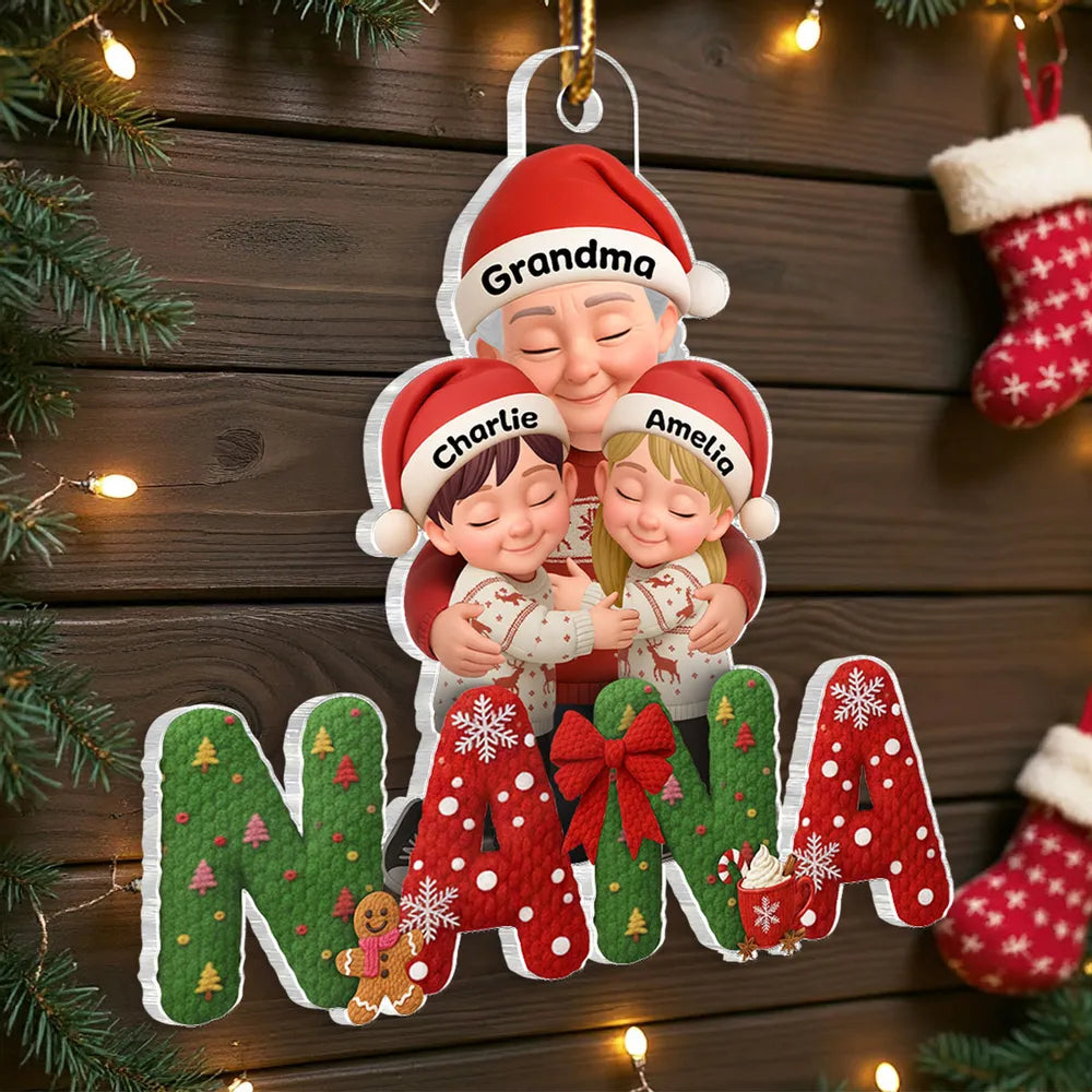 Grandma & Grandkids Acrylic Ornament, Santa Hats Hugging Design, Christmas Tree Decor, a unique gift for Grandma