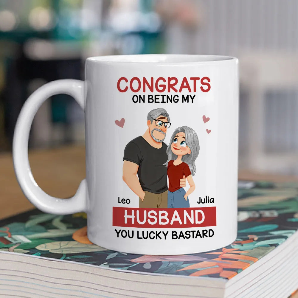 Funny Romantic Personalized Ceramic Mug Congrats On Being My Husband Cute Couple Coffee Gift for Him