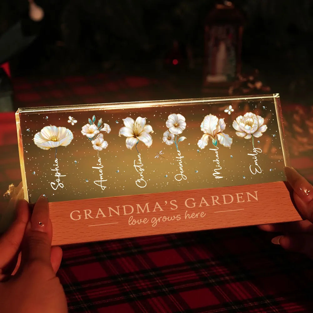 Grandma's Garden Block LED Light Plaque with Birth Month Flowers, Warm Glow Decor, Personalized Unique Gift for Grandma