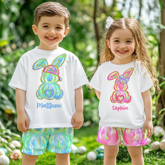 Colorful Brushstroke Easter Bunnies - Personalized Kid T-shirt & Shorts