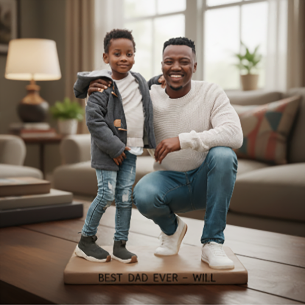 Custom Black Father and Son Personalized Figurine Statue - Best Dad Ever Nameplate Keepsake - Unique Father's Day Desk Ornament Gift