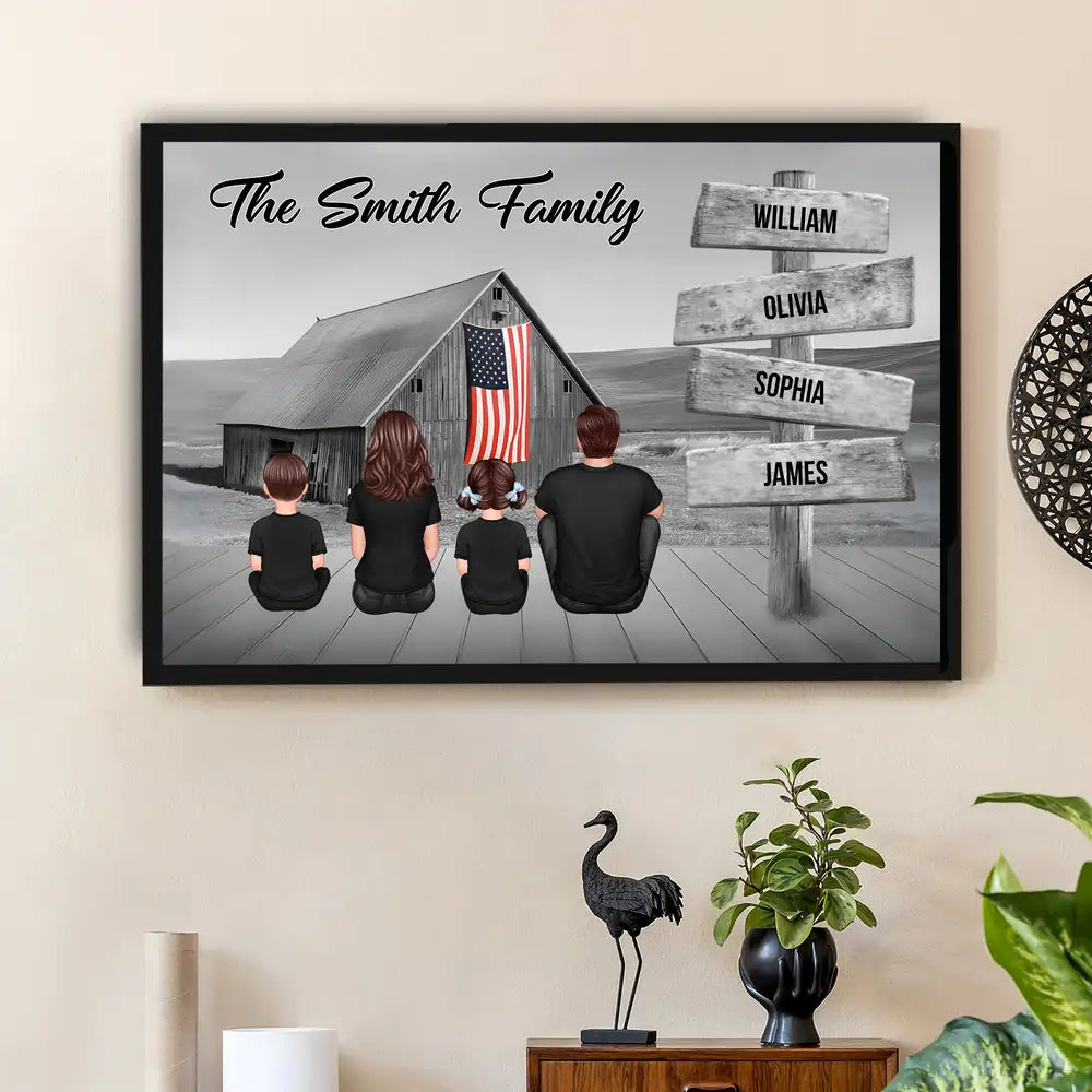 Names on Signpost Family Canvas – Sitting Together Poster with Barn Background – Gift For Family, Dad, Mom