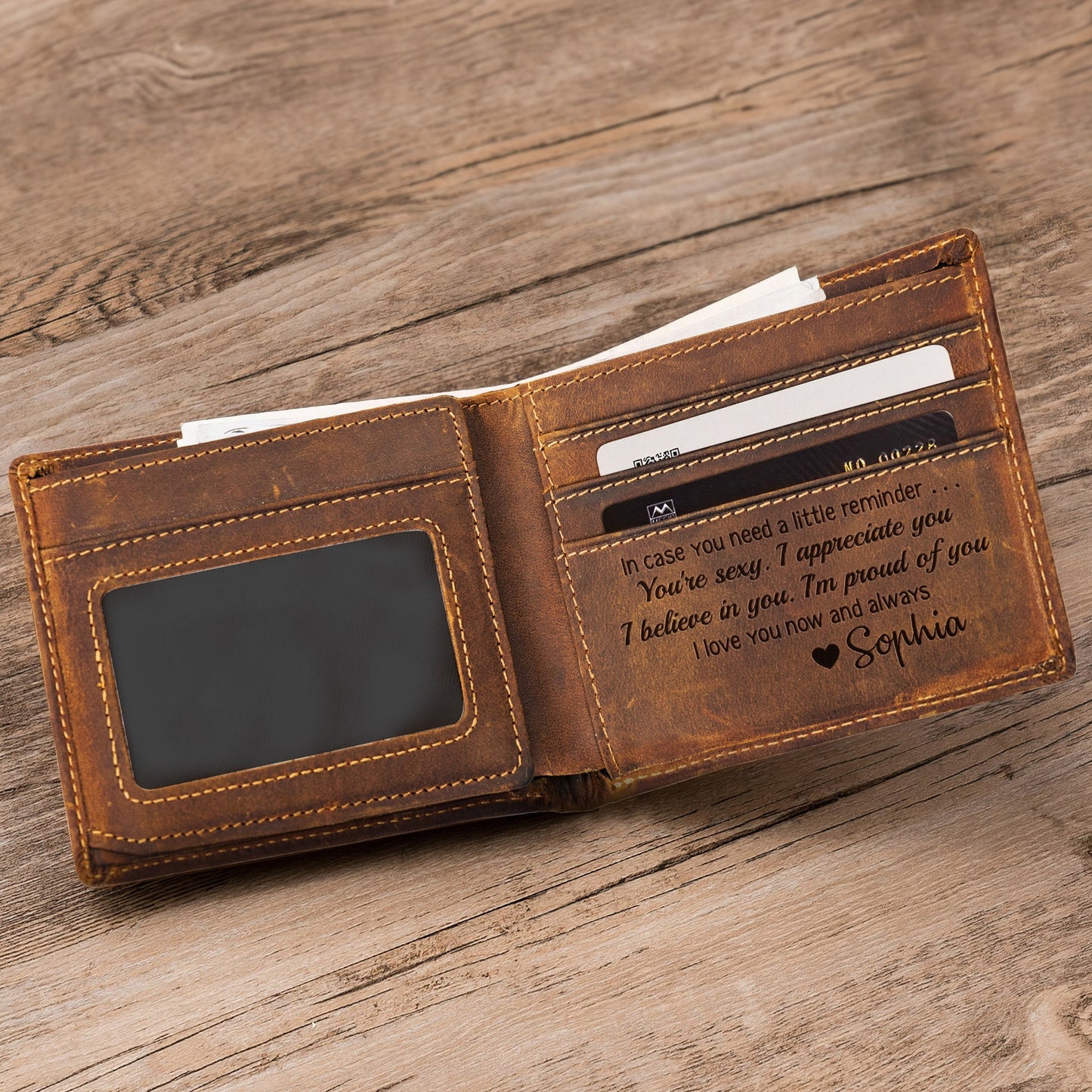 Personalized Cowhide Leather Wallet With Holding Hands Love Line Art Unique Romantic Gift For Boyfriend Or Husband