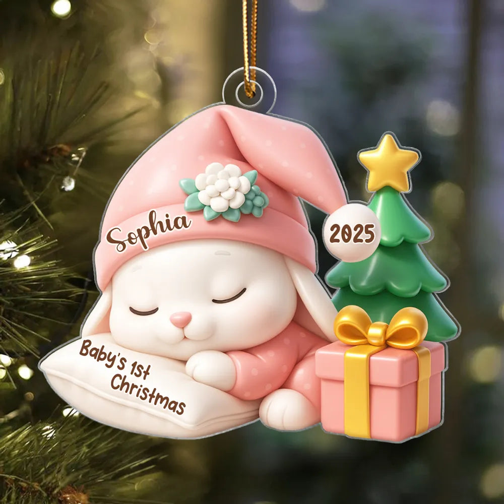 Acrylic Ornament for Baby’s First Christmas – sleeping bunny with tree and gift, pastel blue, gift-ready keepsake for new parents