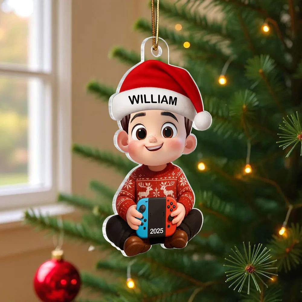 Personalized Cartoon Christmas Ornament with custom name, playful Nintendo Switch design, perfect gift for kids and gamers, ideal for holiday decorating