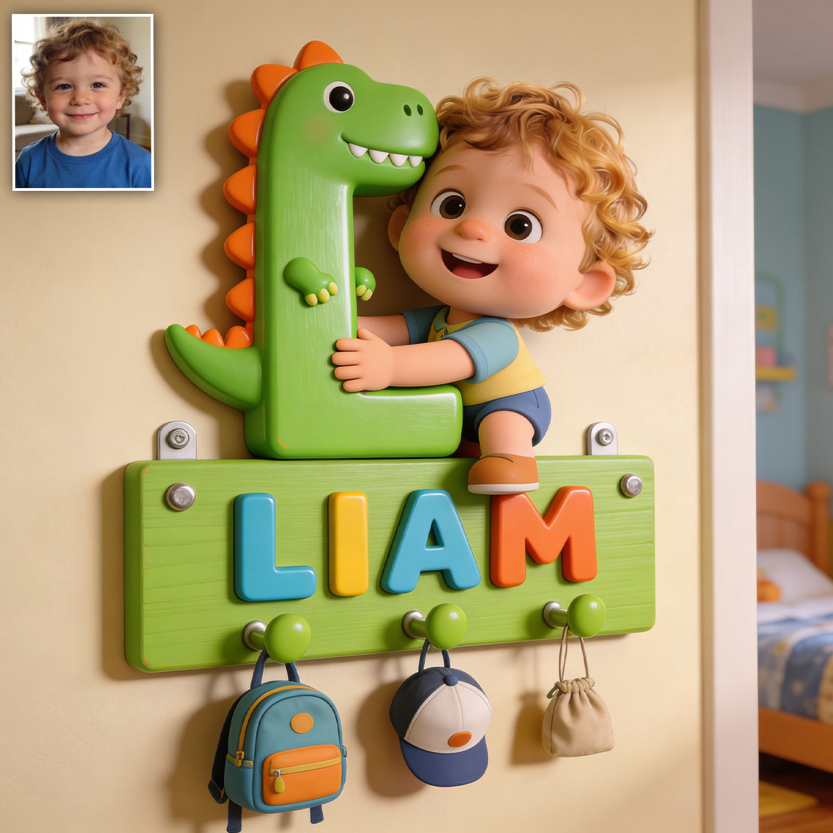 Dinosaur Alphabet Letter & Custom Photo - - Personalized Kid Custom Shaped Hanging Rack