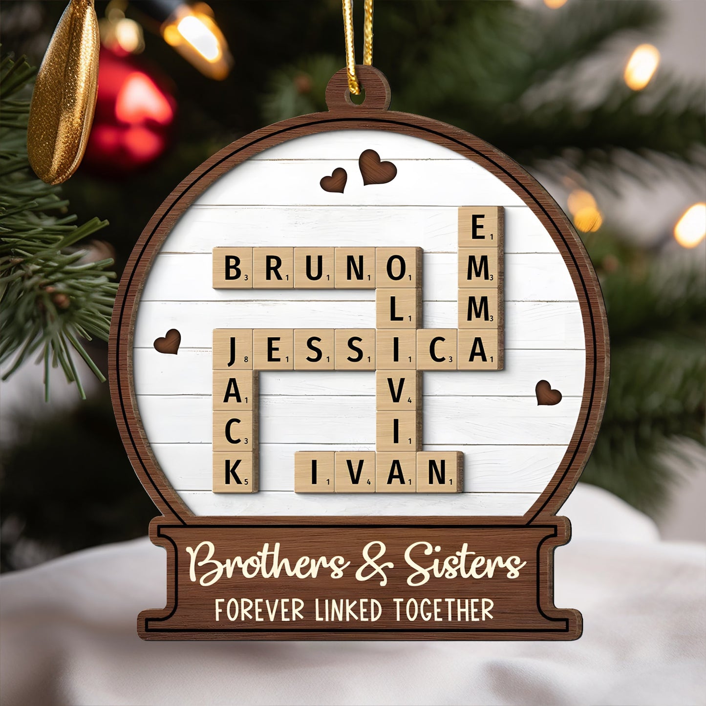 Snow Globe Brothers & Sisters Forever Linked Together Crossword Puzzle Art Personalized 2-Layer Wooden Ornament, Custom Scrabble Name Keepsake