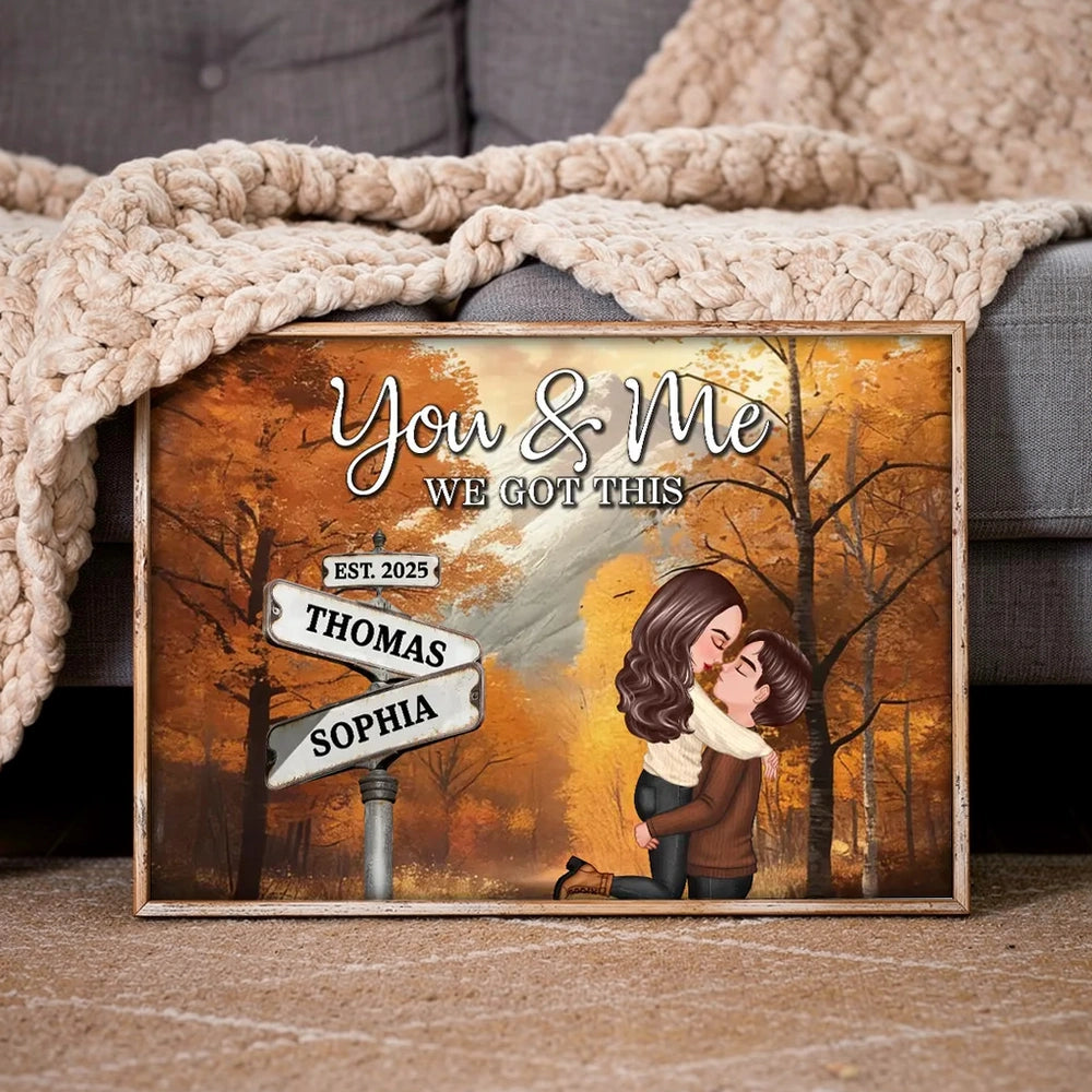 Personalized Couple Kissing at Crossroads Street Sign Poster, Cozy Autumn Wall Art, Unique Gift for Couples