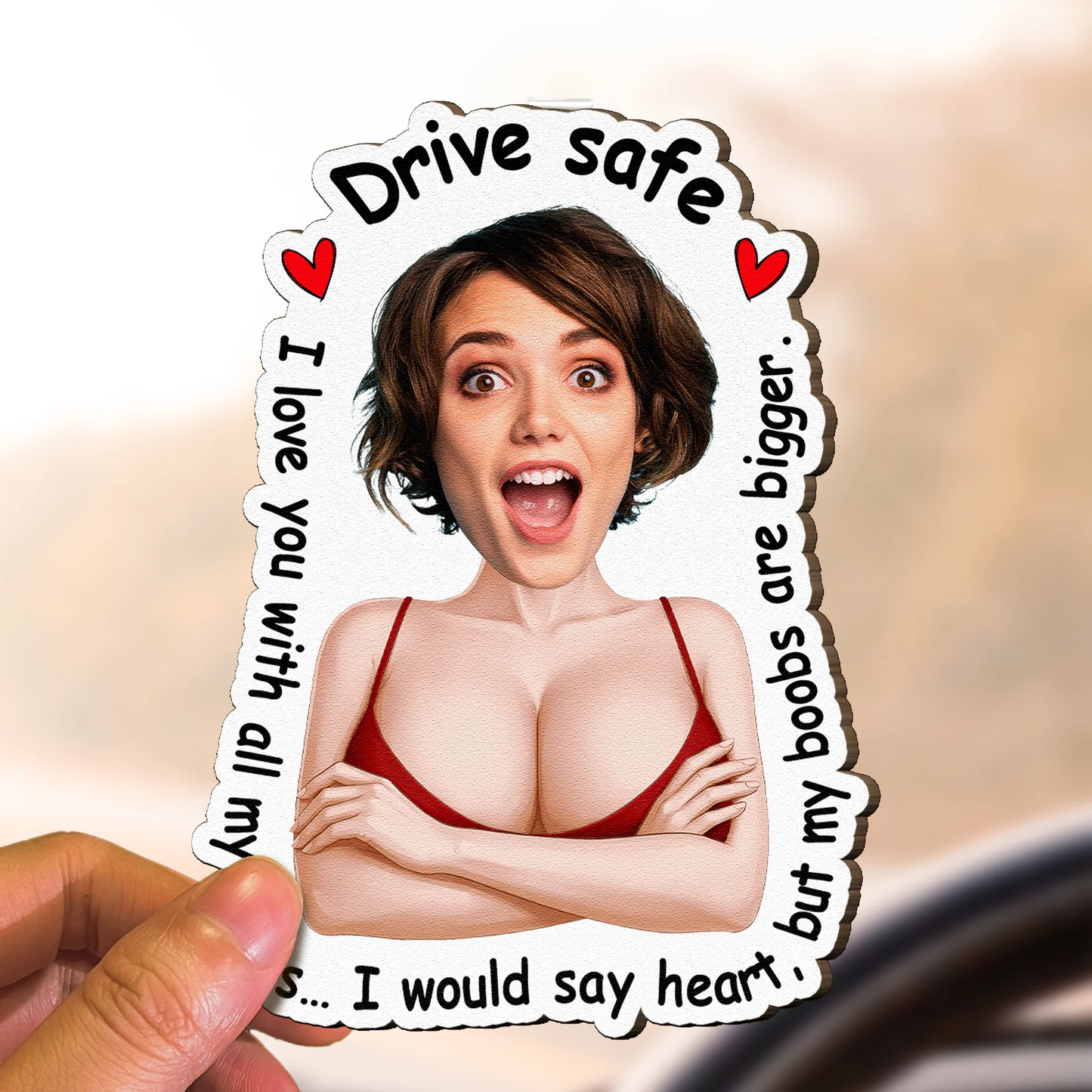 Wooden Car Visor Clip Drive Safe I Love You Message, Cheeky Heart Humor Car Decor, Creative Personalized Gift for Couple