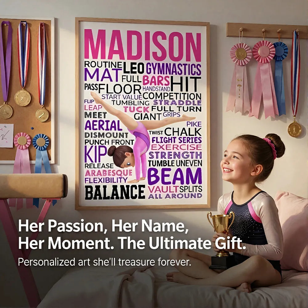 Personalized Gymnast Word Art Poster for a Daughter or Granddaughter, Cartwheel Pose Wall Decor, Unique Gift