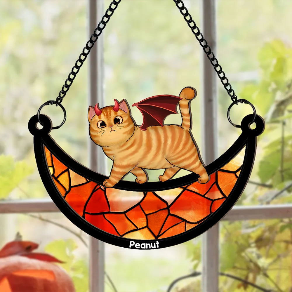 Wood and Acrylic Layered Ornament – Charming Cat with Cape & Hat, Chain-Hanging Moon Keepsake for Cat Lovers