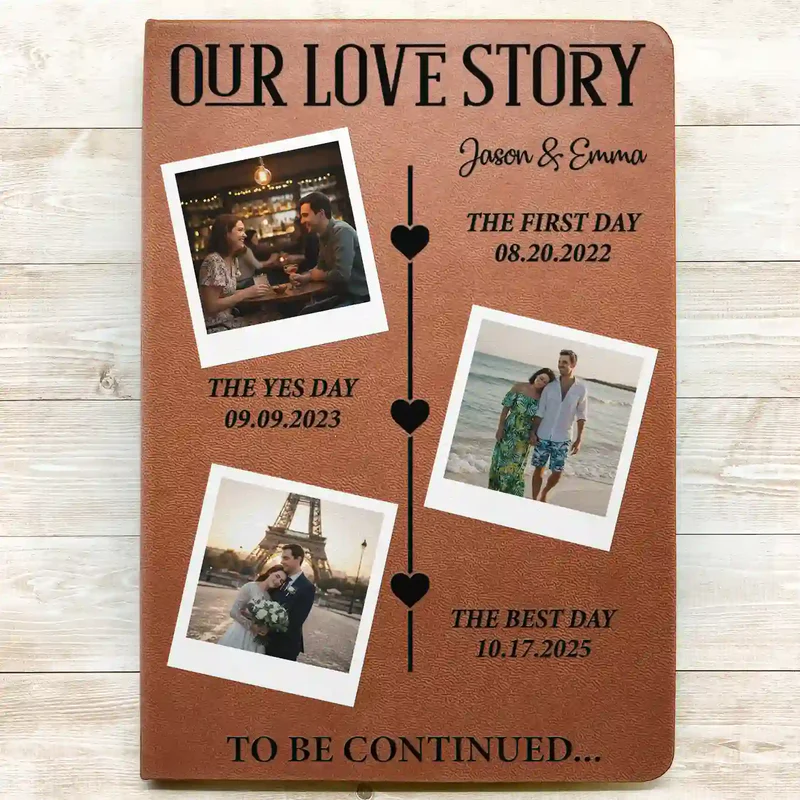 Personalized Leather Journal Our Love Story Photo Timeline for Couple - Unique Romantic Gift for Anniversary or Wedding