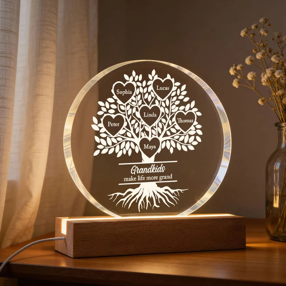 Shaped Acrylic Block LED Plaque Personalized for Grandma - Glowing Grandkids Family Tree Keepsake, Heartwarming Gift