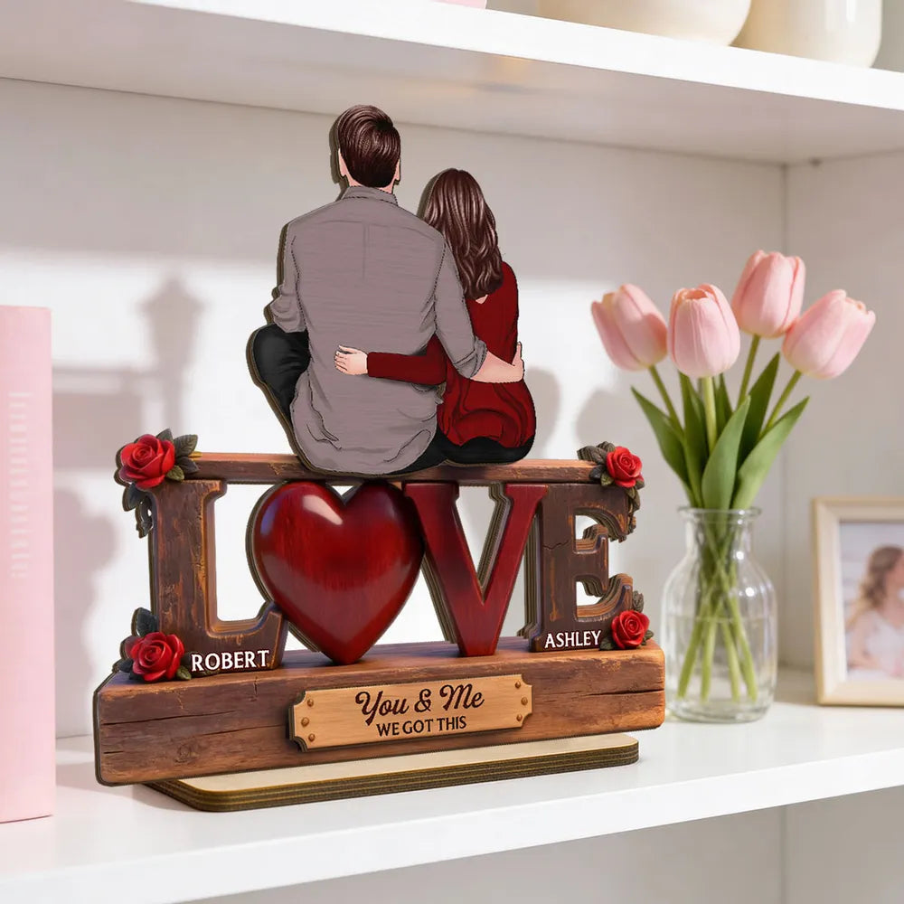 2-Layer Wooden Plaque Personalized Love Keepsake, Couple Sitting Embracing with Roses, Sweet You & Me Gift