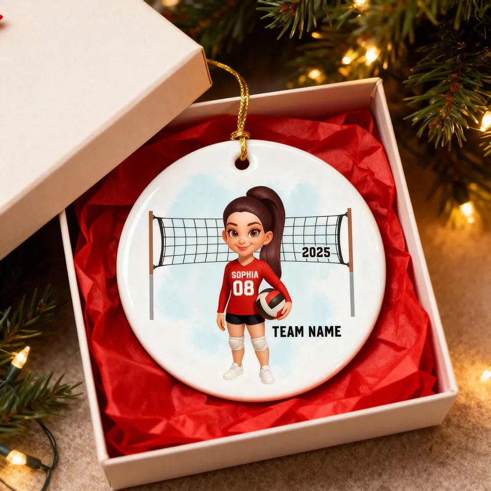 Volleyball Ceramic Ornament — customizable team & number, net backdrop — celebrate big wins, perfect gift for players & coaches