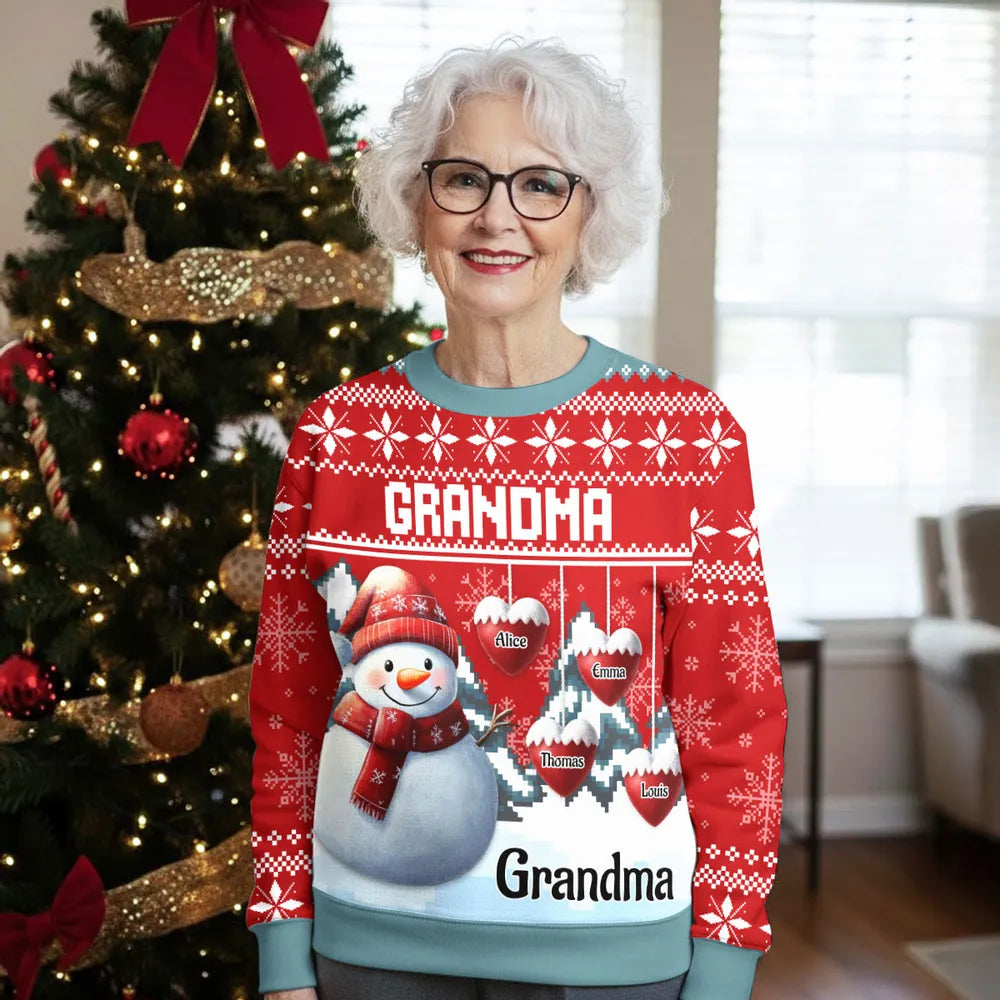 Personalized Snowman Grandma Printed Sweatshirt Christmas Gift, Cozy Holiday Jumper for Grandmother, Unique Family Keepsake