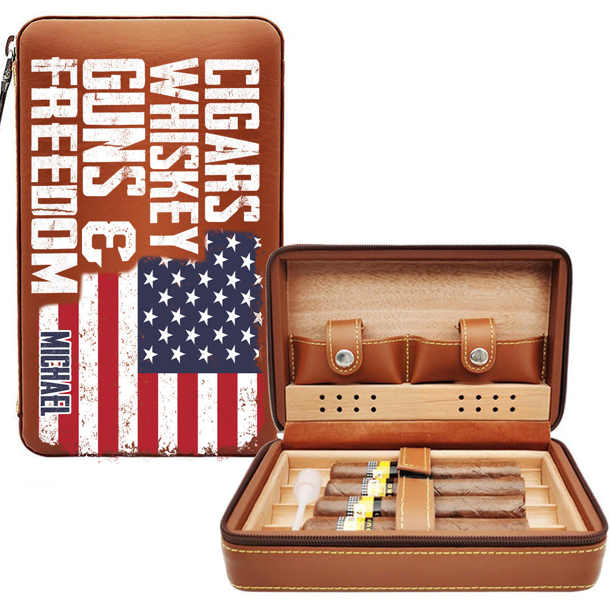 Cigars, Whiskey, G*ns & Freedom - Personalized Whisky Travel Cigar Humidor Case