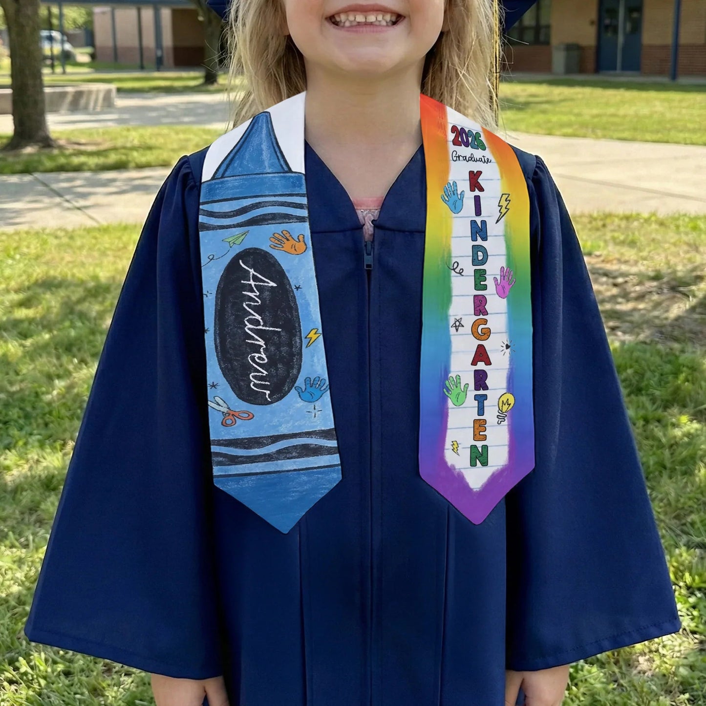 Personalized Graduation Stole with Crayon-Style Rainbow Design, Bright Keepsake Photo Moment, Unique Creative Gift for Kids