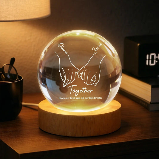 Personalized Globe Lamp with Interlocked Hands Quote Nightstand Decor, Unique Romantic Gift for Couples