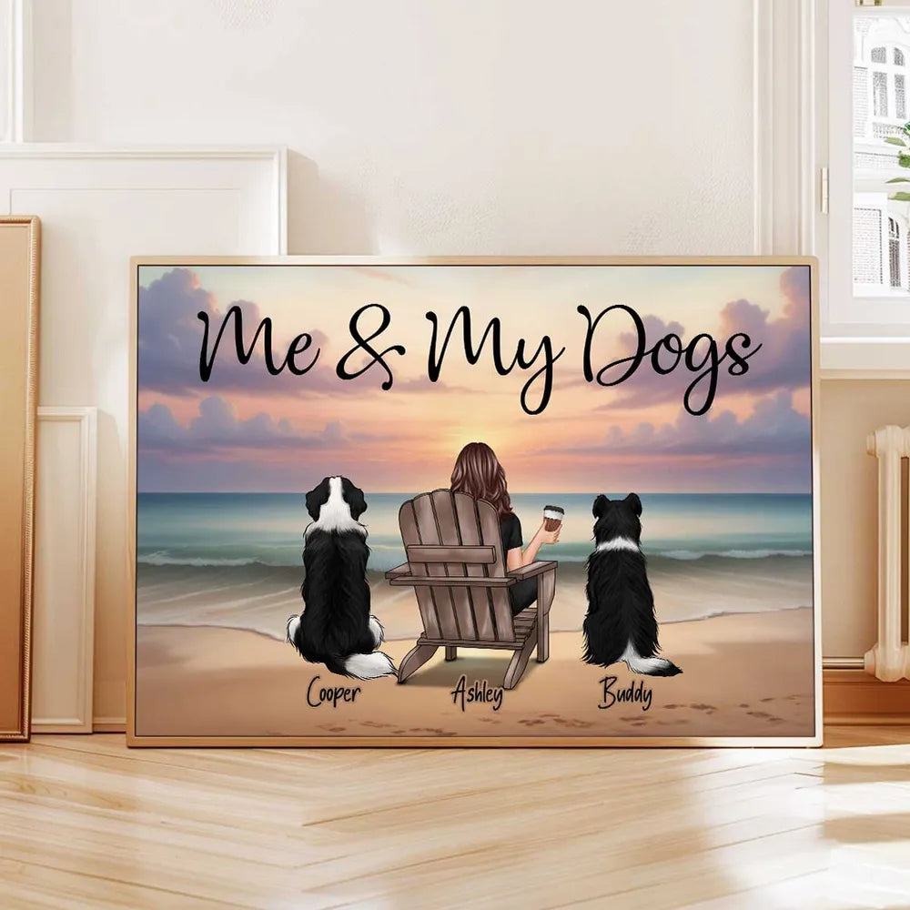 Personalized “Me & My Dogs” Beach Sunset Poster, Custom Pet Lover Wall Art, Unique Gift for Dog Owners