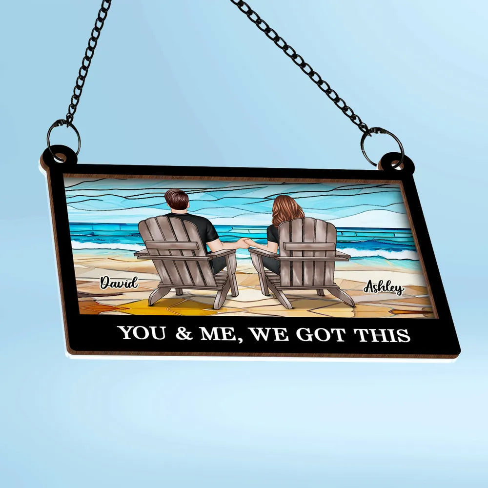 Wood and Acrylic Layered Ornament with Couple Holding Hands on Beach Chairs, Sunset Scene, Perfect Gift for Love and Home Décor