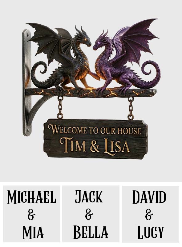 Dragon Couple Welcome Sign - Personalized Dragon Wooden Wall Mount Sign