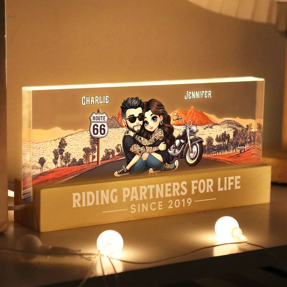 Personalized Block LED Light Plaque for Biker Couple Hugging by Route 66 Sunset Unique Romantic Gift for Him or Her