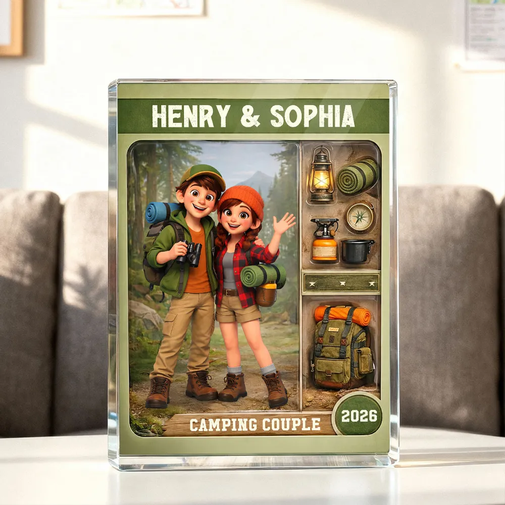 Personalized Camping Couple Rectangle Acrylic Block Plaque, Cute Cartoon Hikers Desk Decor, Unique Gift for Couples