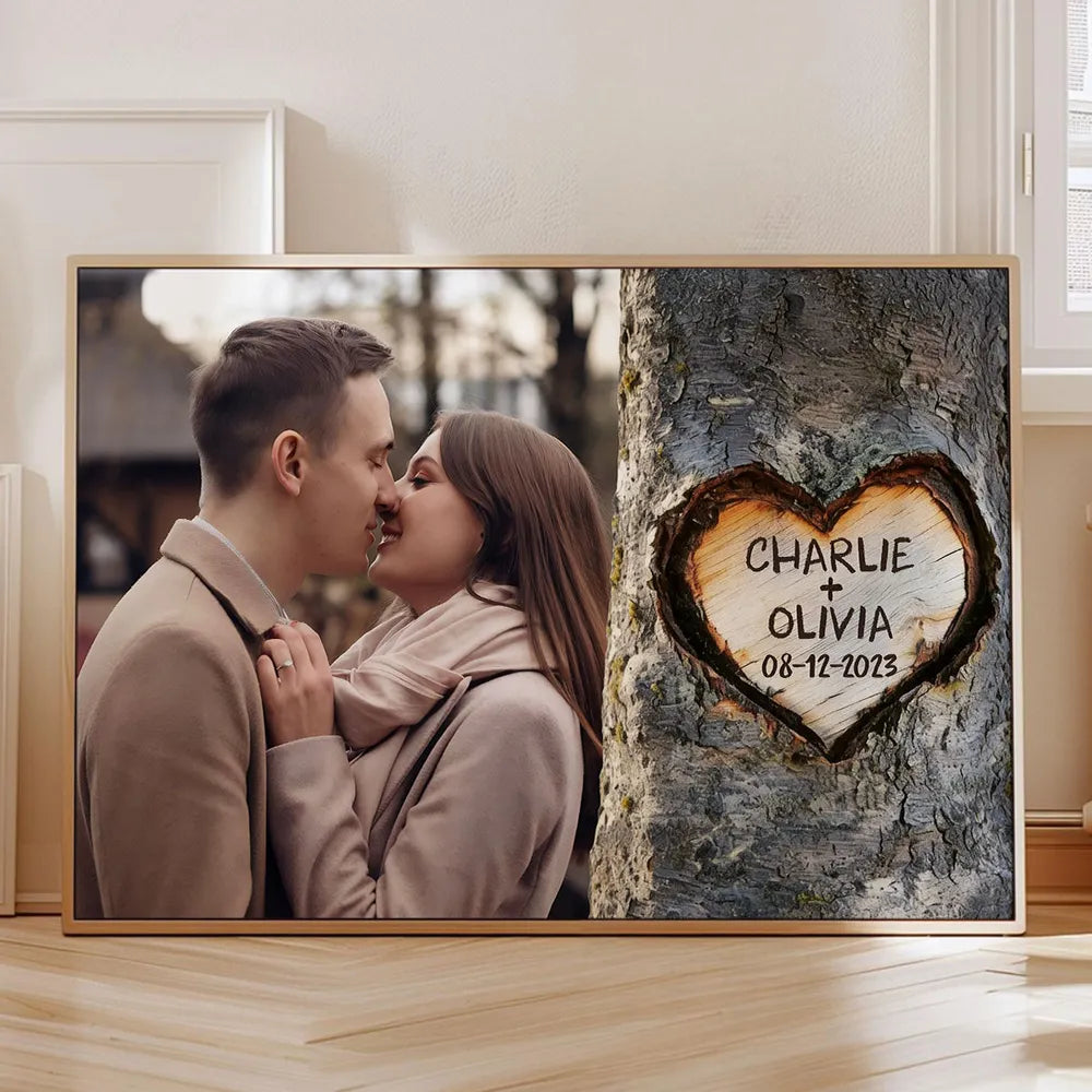 Personalized Couple Kissing Poster with Heart Carved Tree Design Romantic Wall Art, Unique Creative Gift for Him or Her