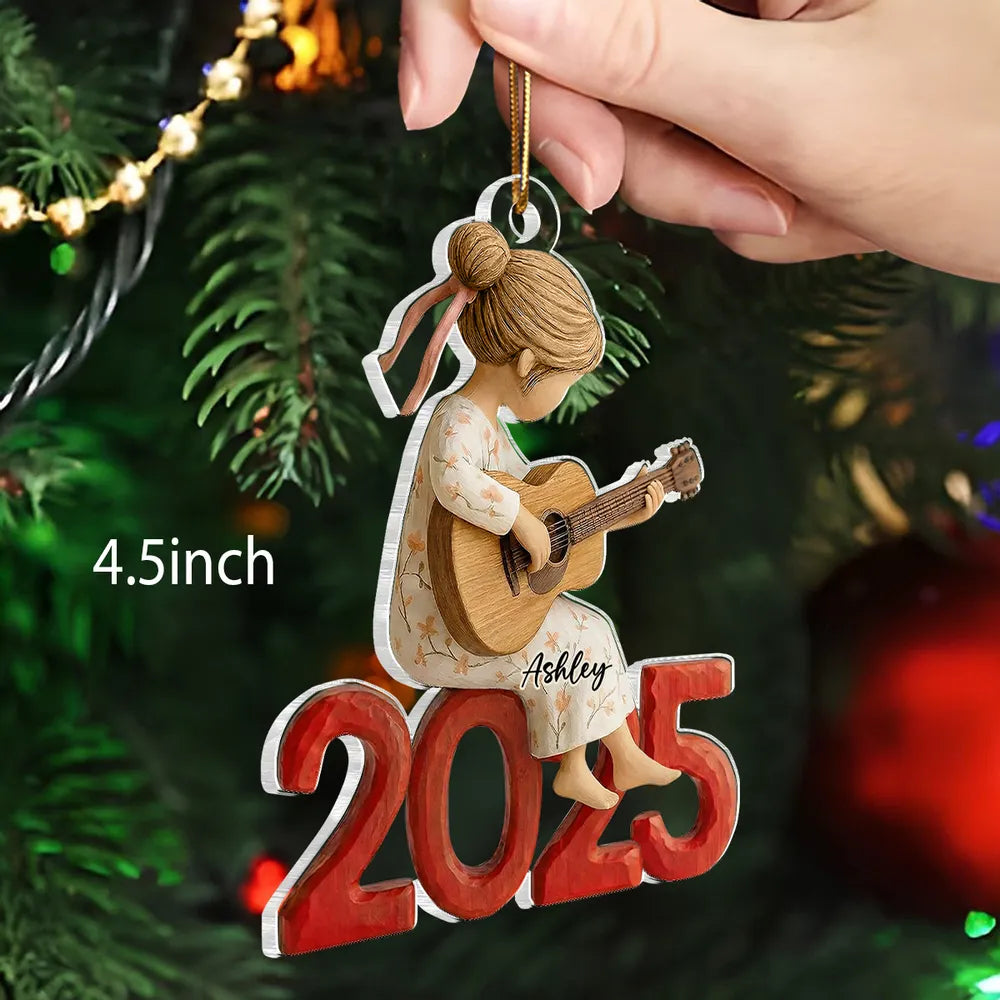 Personalized Acrylic Ornament Girl Playing Guitar Holiday Decor, Cute Keepsake Gift For Music Lover