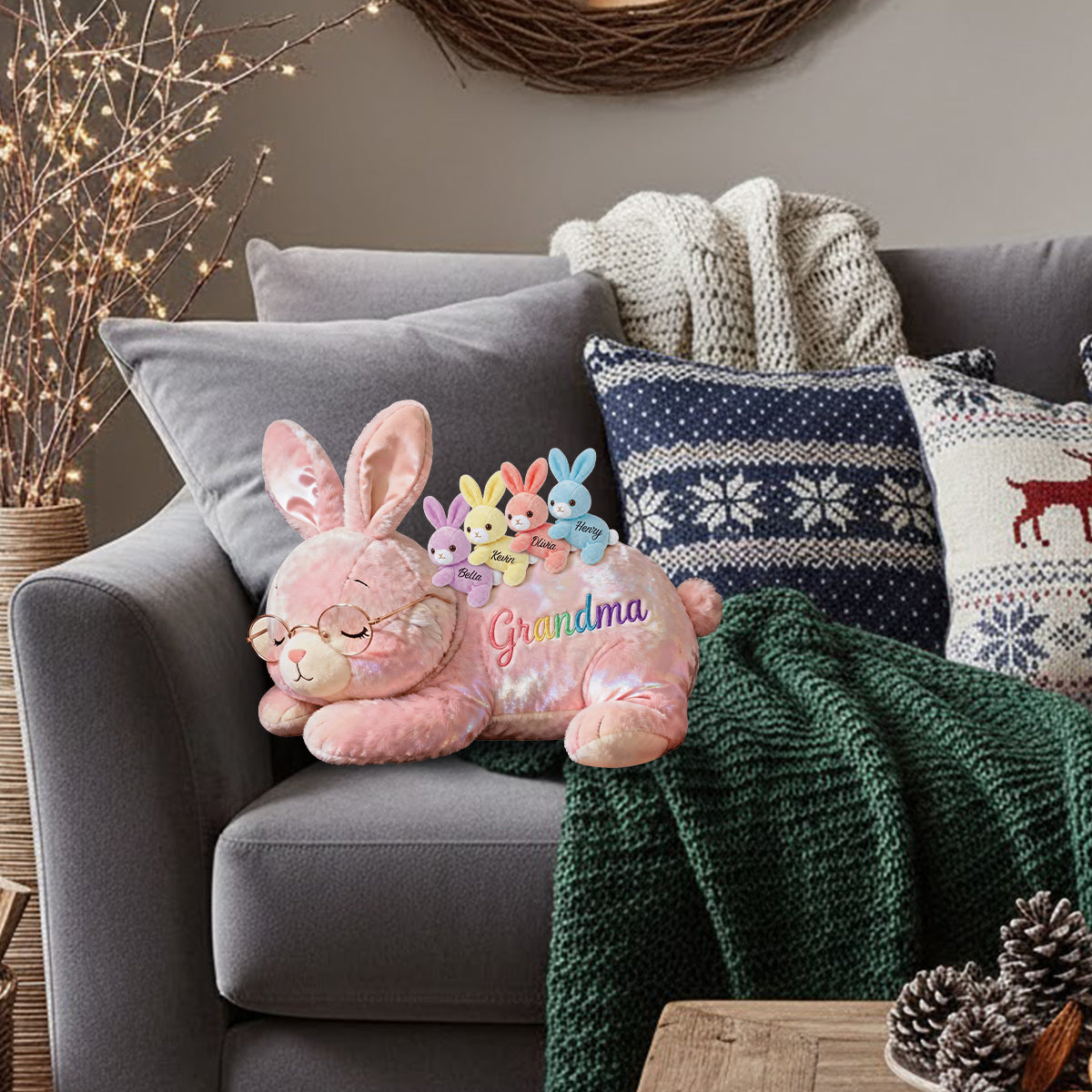 Grandma Bunny with Baby Bunnies - Personalized Grandma Faux Fur Shaped Pillow