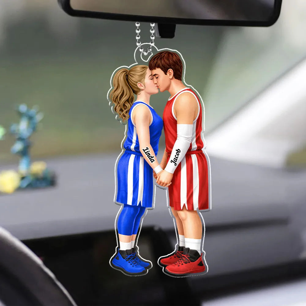 Acrylic Car Hanger with Kissing Basketball Couple, Personalized Cute Car Mirror Decor, Romantic Anniversary Gift