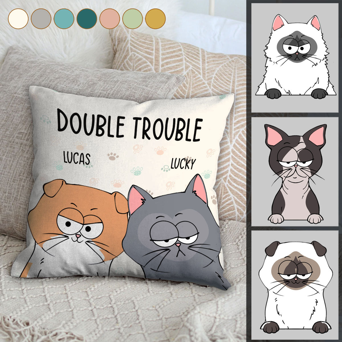 Double Trouble - Personalized Cat Throw Pillow