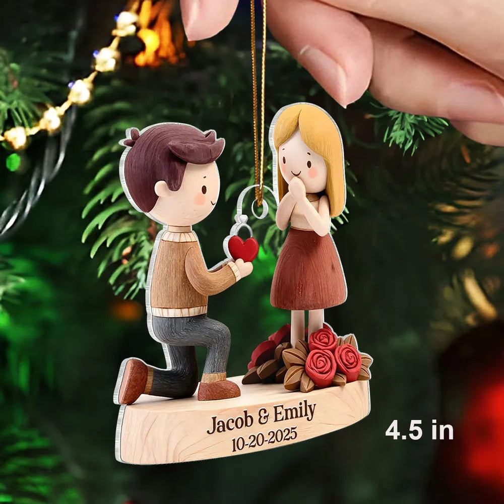 Romantic Personalized Acrylic Ornament with Kneeling Couple and Heart Charm Cozy Holiday Keepsake Unique Gift for Couples