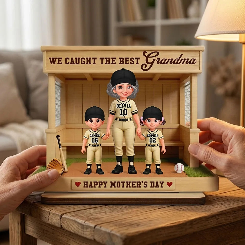 Personalized 2-Layer Wooden Plaque with Baseball Grandma and Grandkids in a Dugout - Unique Mother's Day Gift