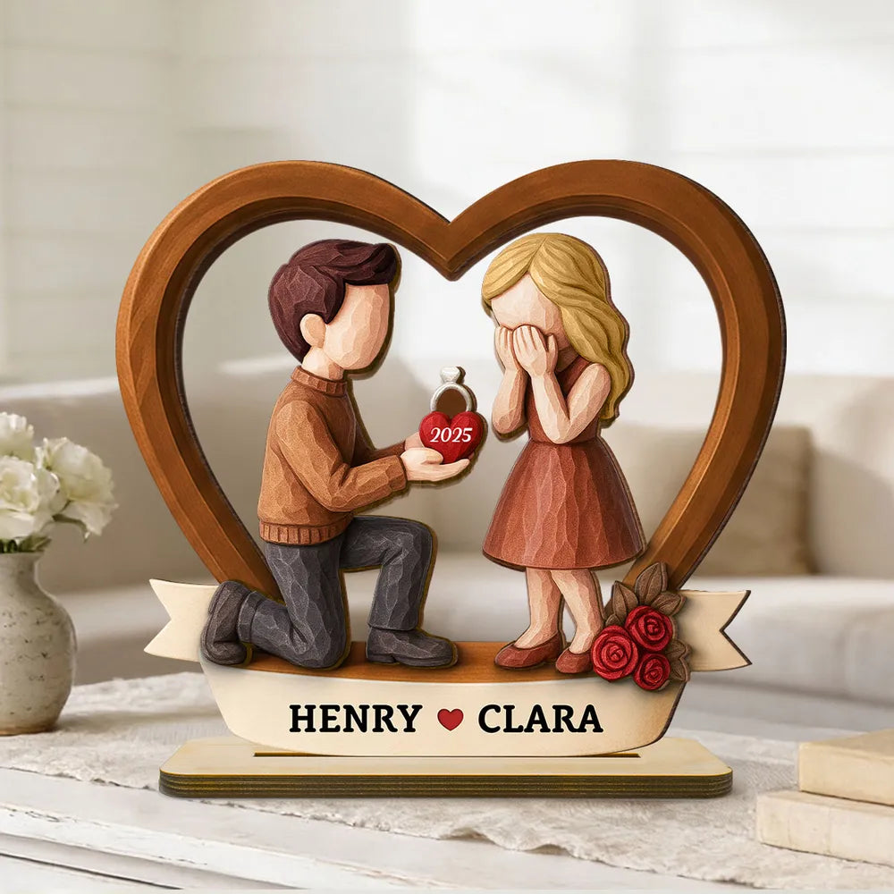 Romantic Personalized 2-Layer Wooden Plaque Kneeling Proposal Moment Sweet Gift for Boyfriend or Girlfriend Heartfelt Decor