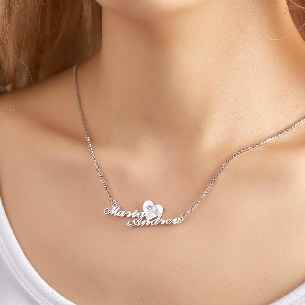 Engraved Heart Photo With Names - Personalized Couple Engraved Heart Photo Necklace