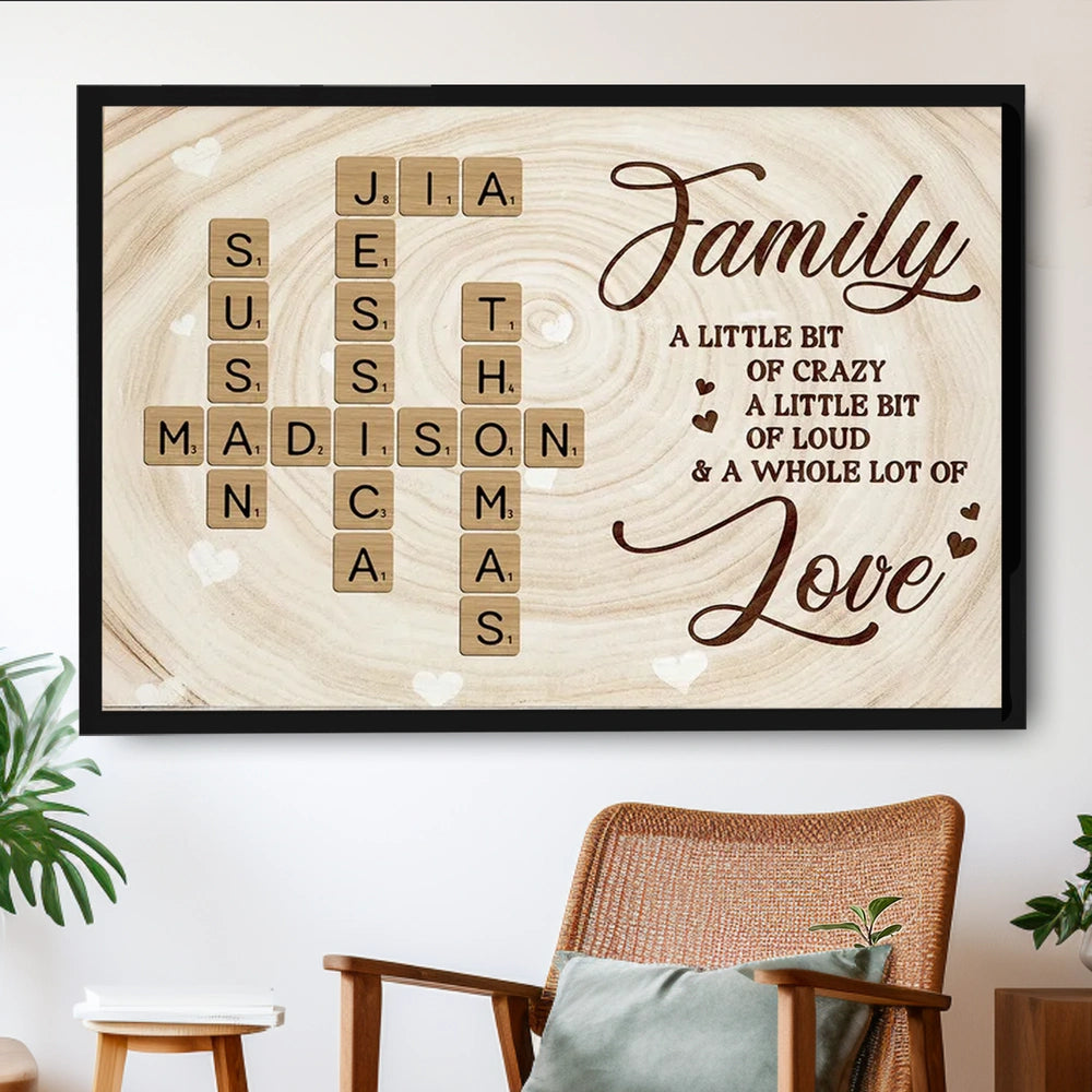 Personalized Family Crossword Poster Wall Art, Rustic Wood Look, Unique Gift for Mom for a Whole Lot of Love
