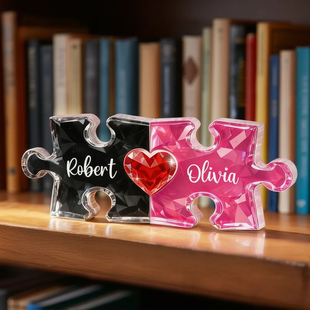 Personalized Puzzle Couple Shaped Acrylic Block Plaque - Heart Keepsake Shelf Decor, Unique Gift for Him or Her