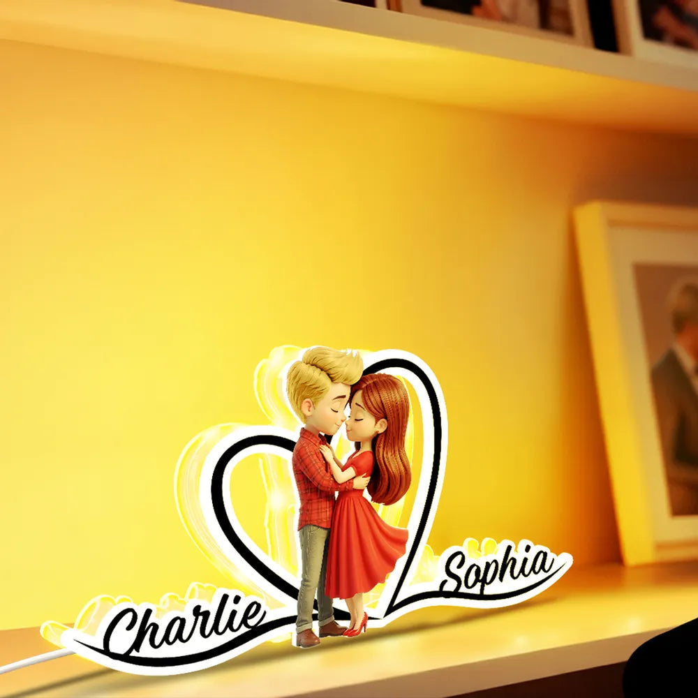 Personalized Acrylic Light Box with Kissing Couple and Heart Outline, Warm Glow Bedroom Decor, Unique Gift for Him or Her