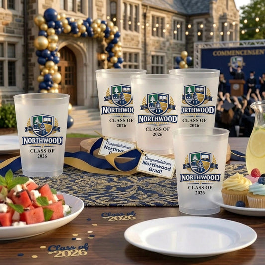 Personalized Frosted Plastic Cup With Custom School Crest Look For Graduation Party Table Decor, Unique Creative Gift