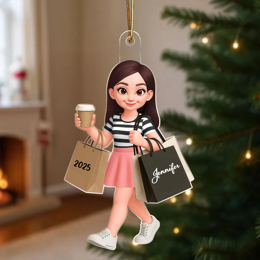 Ornament - Personalized Cute Shopper with Coffee, Cartoon, Easy to Hang, Unique Gift for Best Friend or Daughter
