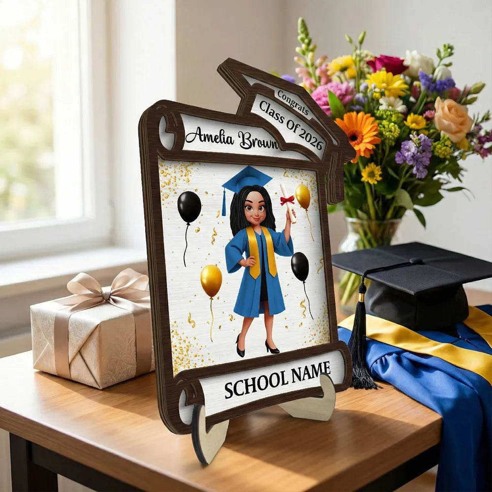 Class of Graduation 2-Layer Wooden Plaque Personalized Keepsake With Cap And Balloons For Desk Or Shelf Heartfelt Gift