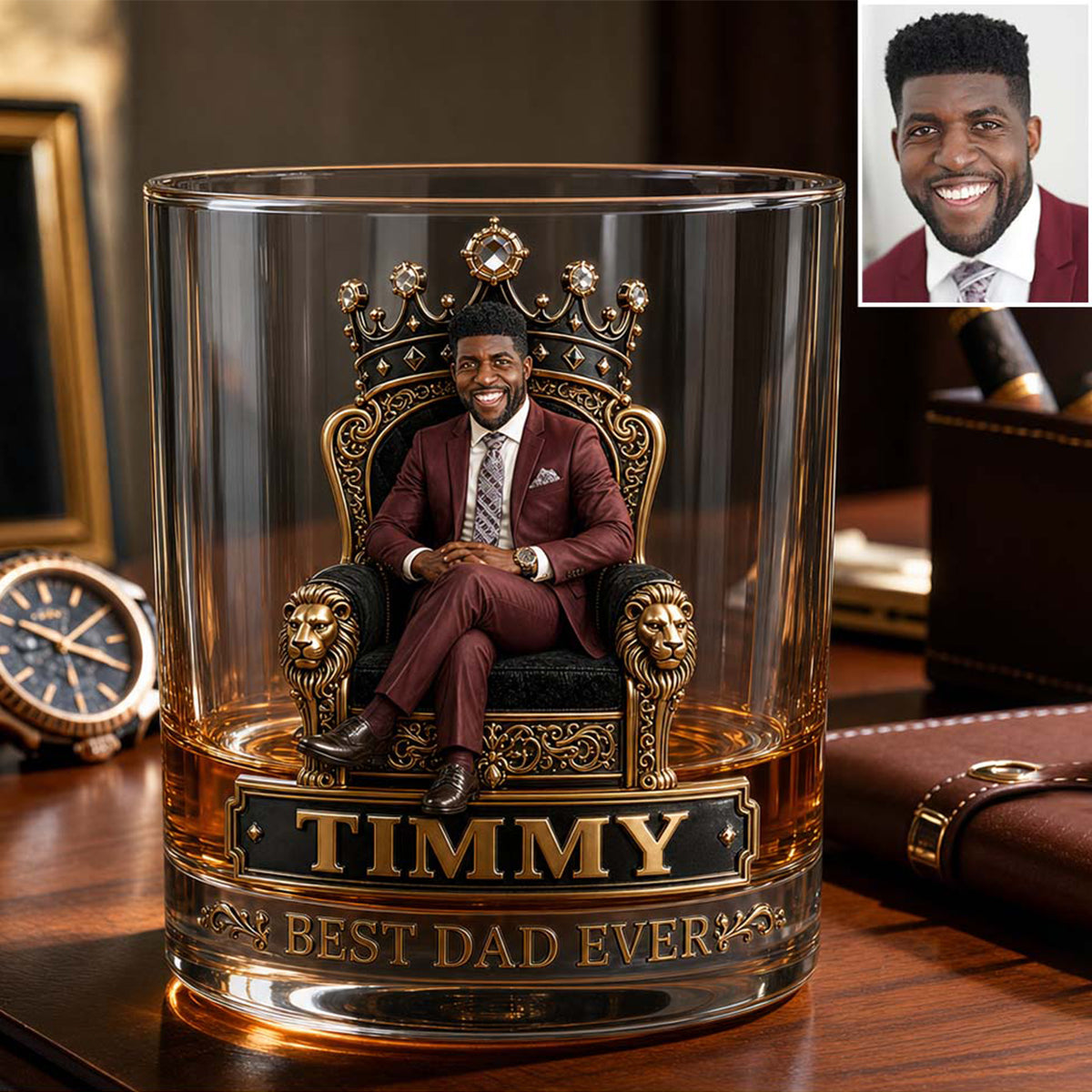 Gift For Black King, Custom Gift Father's Day - Personalized Father Whiskey Bottle & Glass