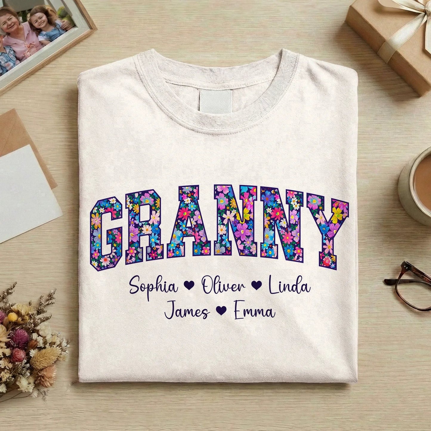 Personalized Floral Grandma Classic Tee with Custom Names, Bright Vintage-Style Lettering, Unique Gift for Grandma