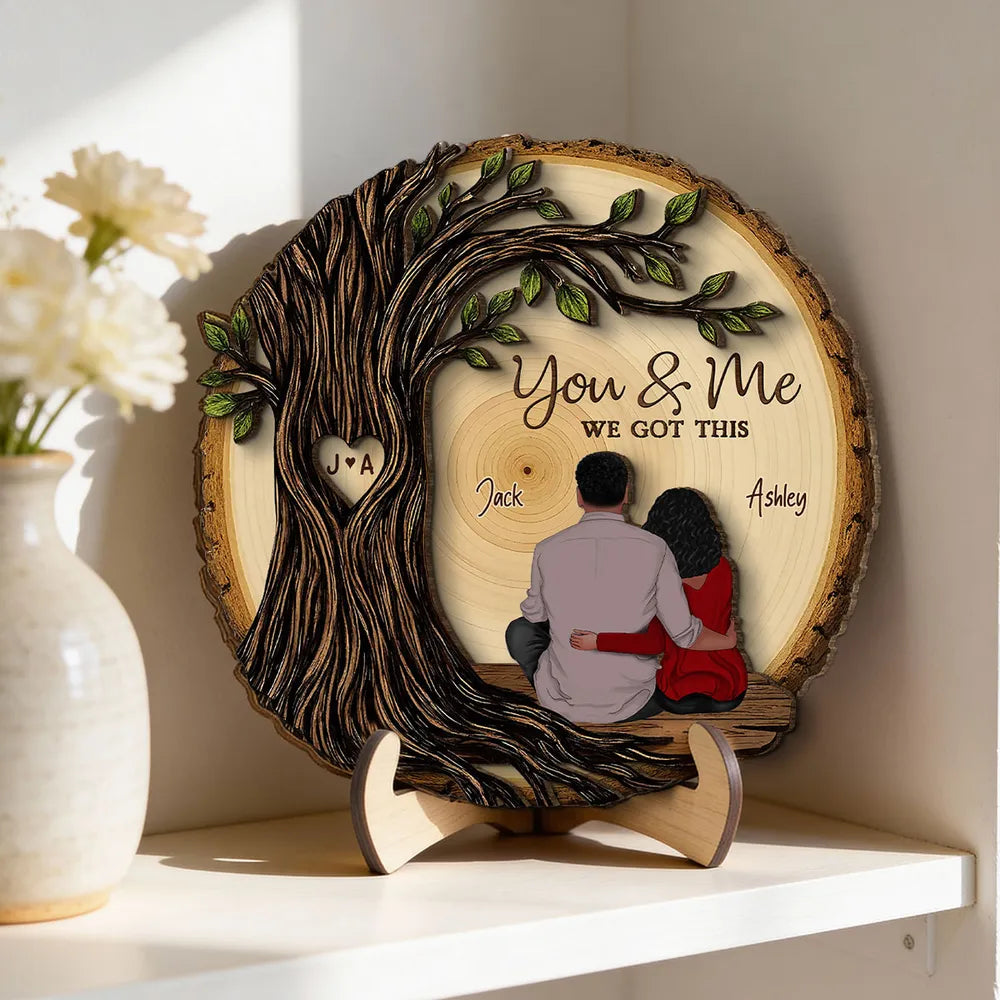 Personalized 2-Layer Wooden Plaque, Couple Sitting Back View Under Heart Tree, Unique Romantic Gift for Your & Me Moments