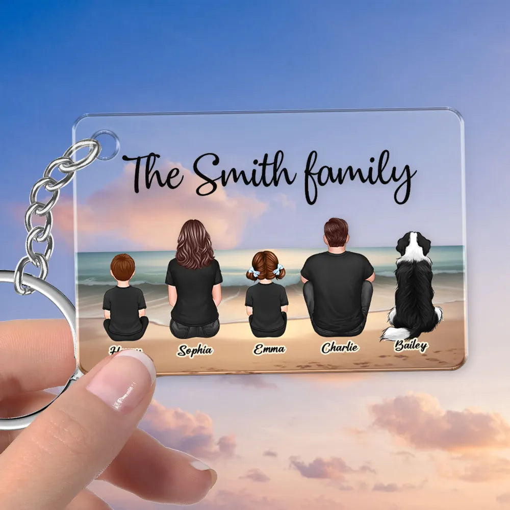 Beach Landscape Family Sitting Back View - Personalized Keychain or Poster or Plaque or Car Hanger or Pillow or Wallet card- Ideal Gift for Loved Ones